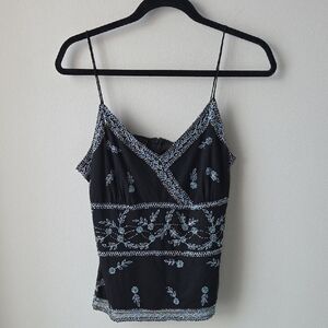 Vintage MARINA Black Camisole with Blue‎ And Gold Floral Beading Womens Large